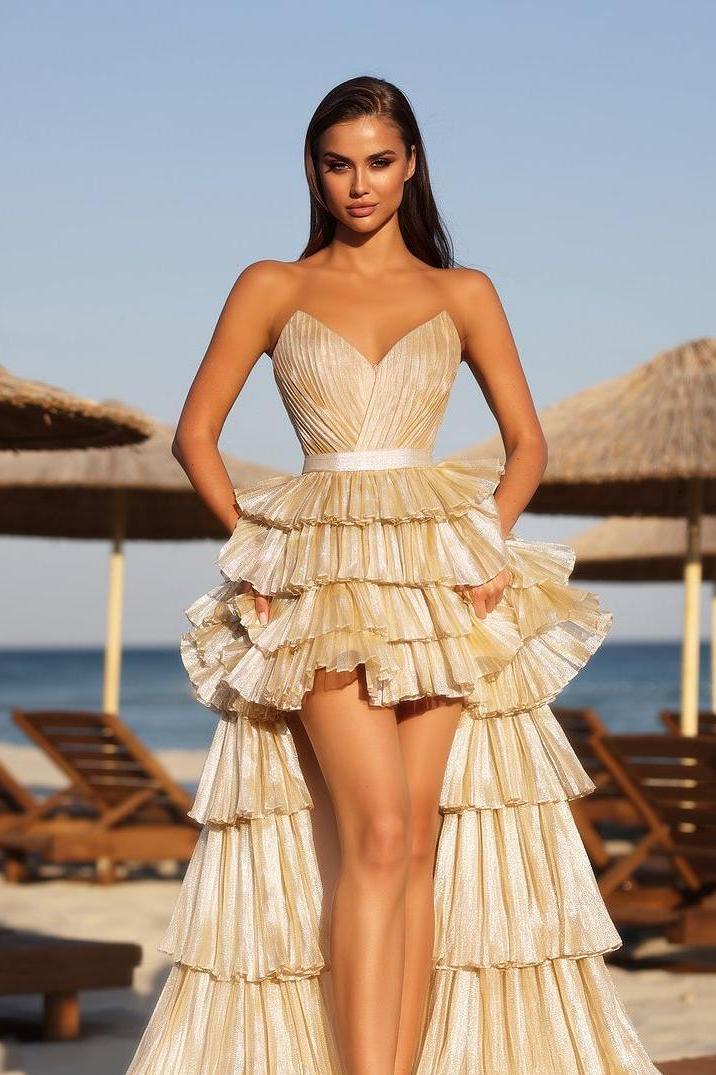 Chic Strapless Sleeveless V Neck Ruffles Formal Dress With Detachable Skirt