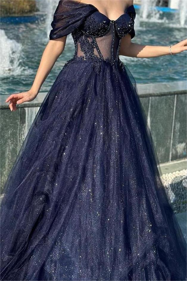 Dark Navy Off the Shoulder Sweetheart Mermaid Long Formal Dress With Appliques