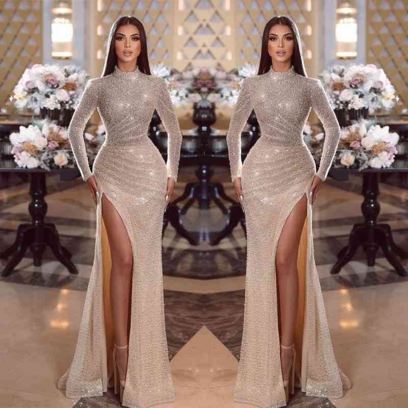 Shiny Sequins High Neck Long Sleeves Mermaid Formal Dress With Split