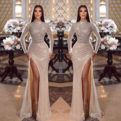 Shiny Sequins High Neck Long Sleeves Mermaid Formal Dress With Split