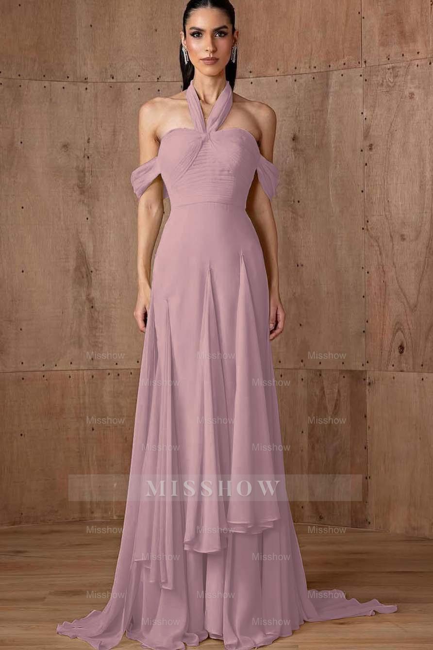 Halter Off the Shoulder Sleeveless Long Formal Dress With Ruffles