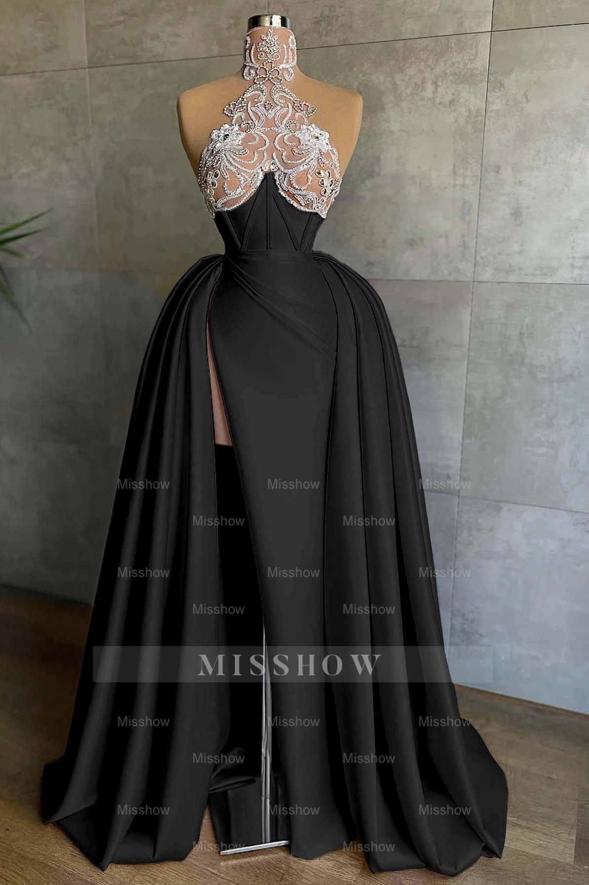 Halter Sleeveless Mermaid Split Long Formal Dress With Appliques