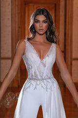 Elegant White Straps V Neck Mermaid Split Formal Dress With Beads