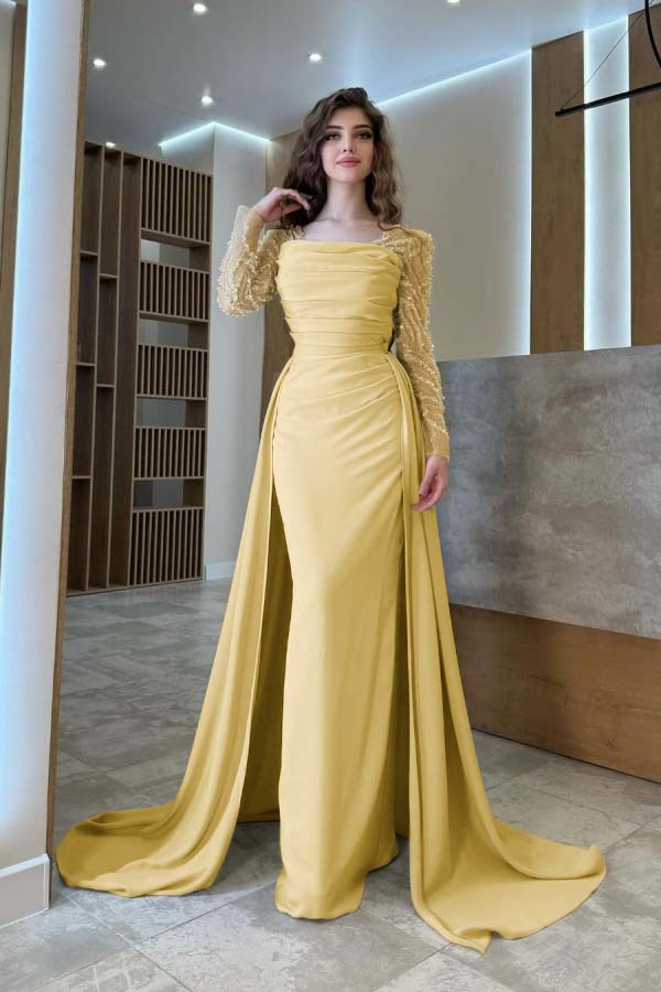 Long Sleeves Square Neck Long Mermaid Formal Dress With Pleated