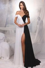 Black And White Off the Shoulder Beadings Long Formal Dress With Front Split