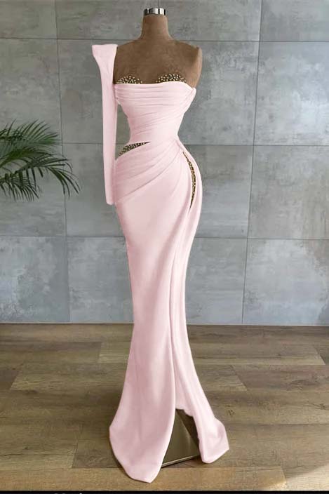 One Shoulder Long Sleeve Long High Split Formal Dress With Beading