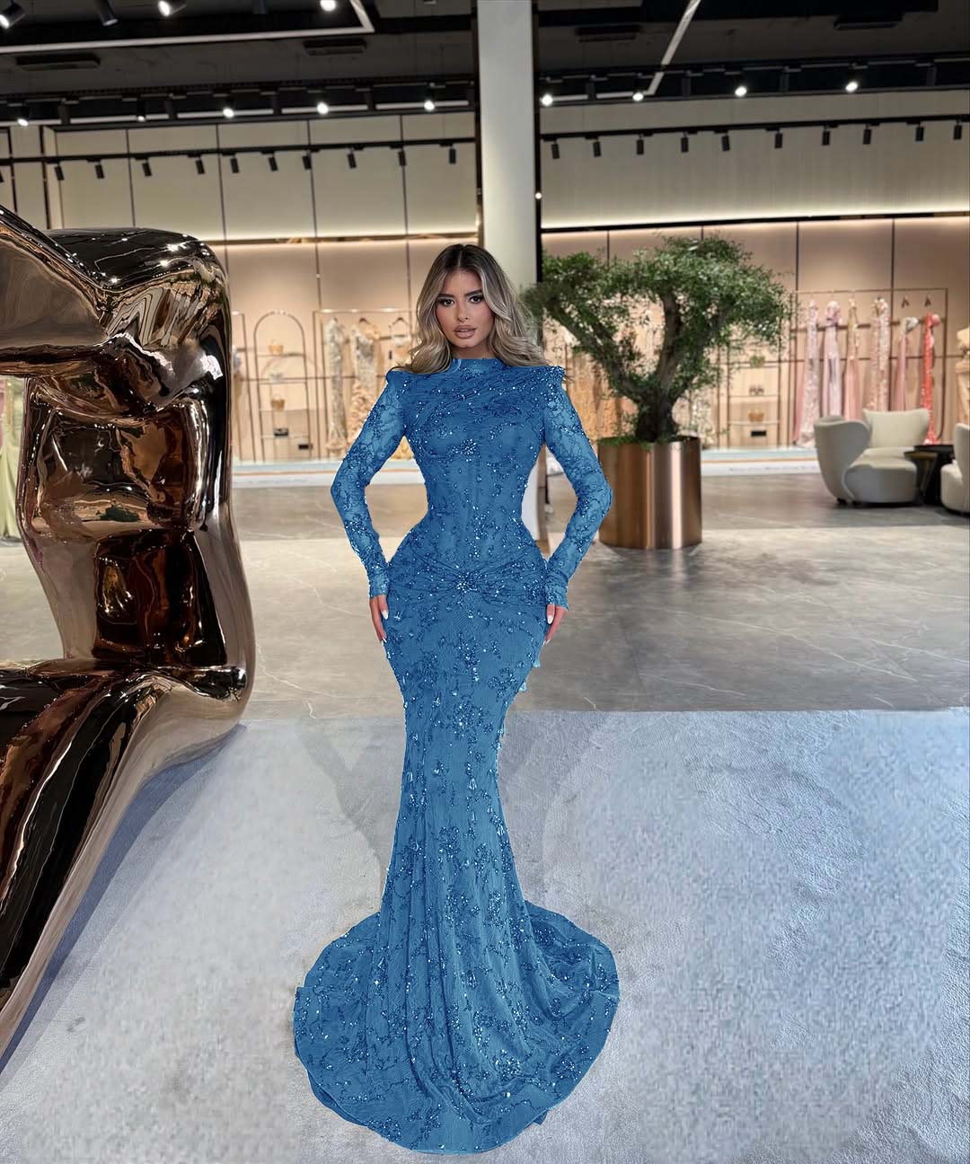 High Neck Long Sleeves Long Mermaid Formal Dress With Beading Pleated
