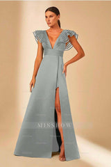 Deep V Neck Sleeveless A Line Long Formal Dress With Front Split