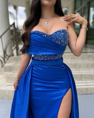 Shining Royal Blue One Shoulder Sleeveless Long Split Formal Dress With Beading