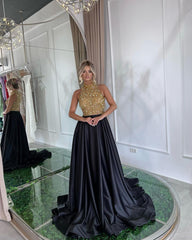 Elegant Sequins Formal Dress Gold Black Long Sleeveless Halter