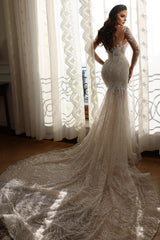 Luxury Long Mermaid Sweetheart Tulle Lace Wedding Dresses with Sleeves