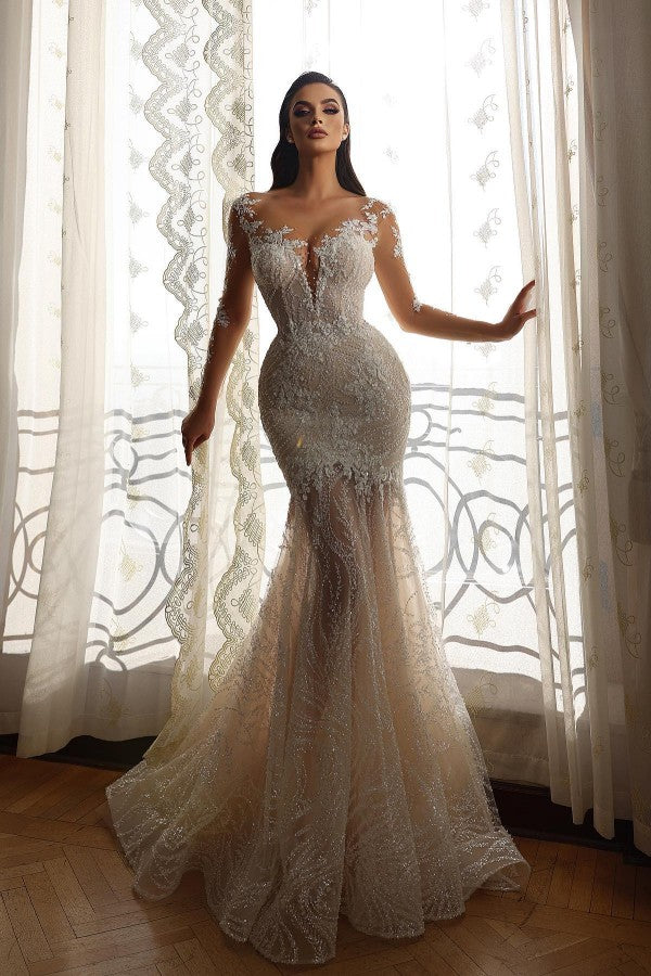 Luxury Long Mermaid Sweetheart Tulle Lace Wedding Dresses with Sleeves