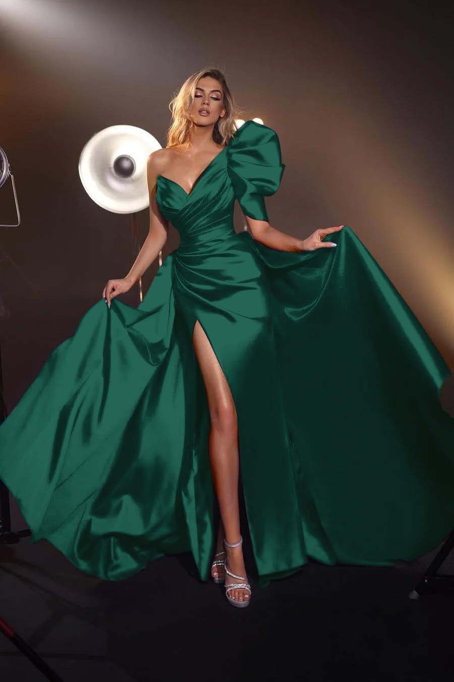 One Shoulder V Neck Sleeveless Long Split Formal Dress With Pleated