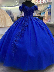 Misshow Royal Blue Off-Shoulder Ball Gown Lace & Beaded Quinceanera Dress for Sweet 16 & Prom