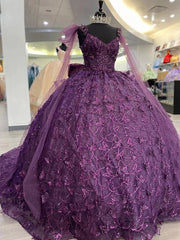 Misshow Purple Tulle Quinceanera Dress Strapless Ball Gown with 3D Butterfly Appliques & Bow Knot for Sweet 16 & Princess Parties