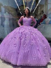 Misshow Lilac Ball Gown with Sweetheart Neckline Long Sleeves & 3D Floral Appliques Princess Quinceanera Dress for Sweet 16