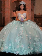 Misshow Sky Blue Ball Gown Strapless 3D Flower Lace Quinceanera & Sweet 16 Dress