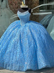 Misshow Sky Blue Beaded Ball Gown Strapless Sequined Tulle Quinceanera Dress for Sweet 16 & Princess Birthday Parties