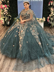 Misshow Ball Gown with Floral Lace Appliques Round Neck Sleeveless Tulle Evening Dress for Quinceanera & Sweet 16