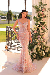 Spaghetti Strap Sleeveless Mermaid Appliques Long Formal Dress With Beadings