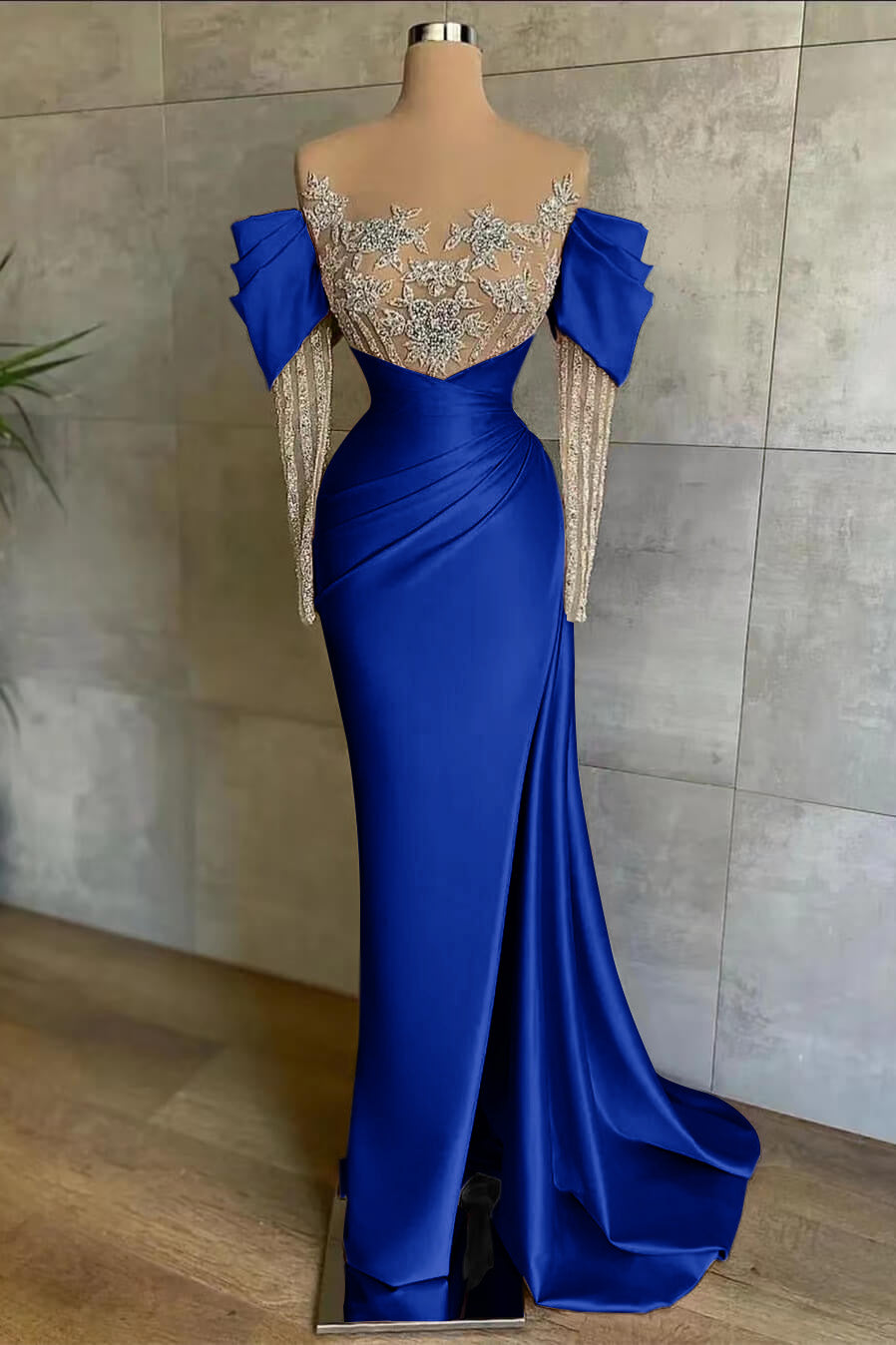 Pink Split Mermaid Long Sleeves Formal Dress Beadings With Appliques Off the Shoulder