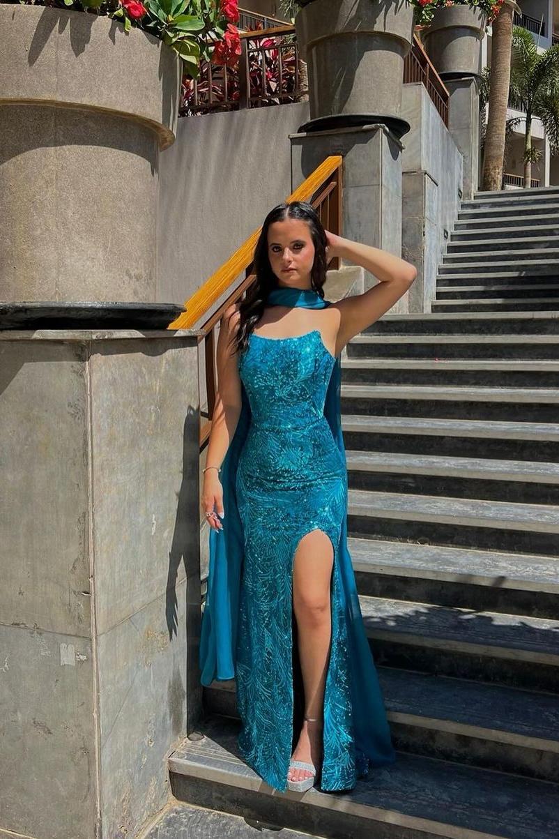 Charming Blue Strapless Sleeveless Pleated Long Formal Dress With Front Split