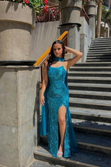 Charming Blue Strapless Sleeveless Pleated Long Formal Dress With Front Split