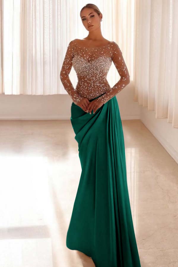 Jewel Neck Long Sleeves Long Mermaid Formal Dress With Pleated