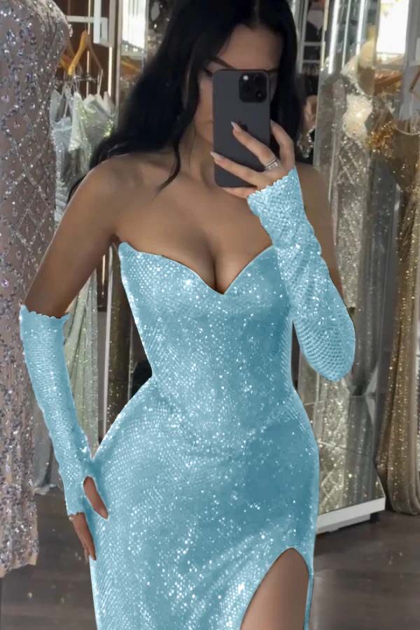Sequin Strapless Long Mermaid Formal Dress With Split Detachable sleeves