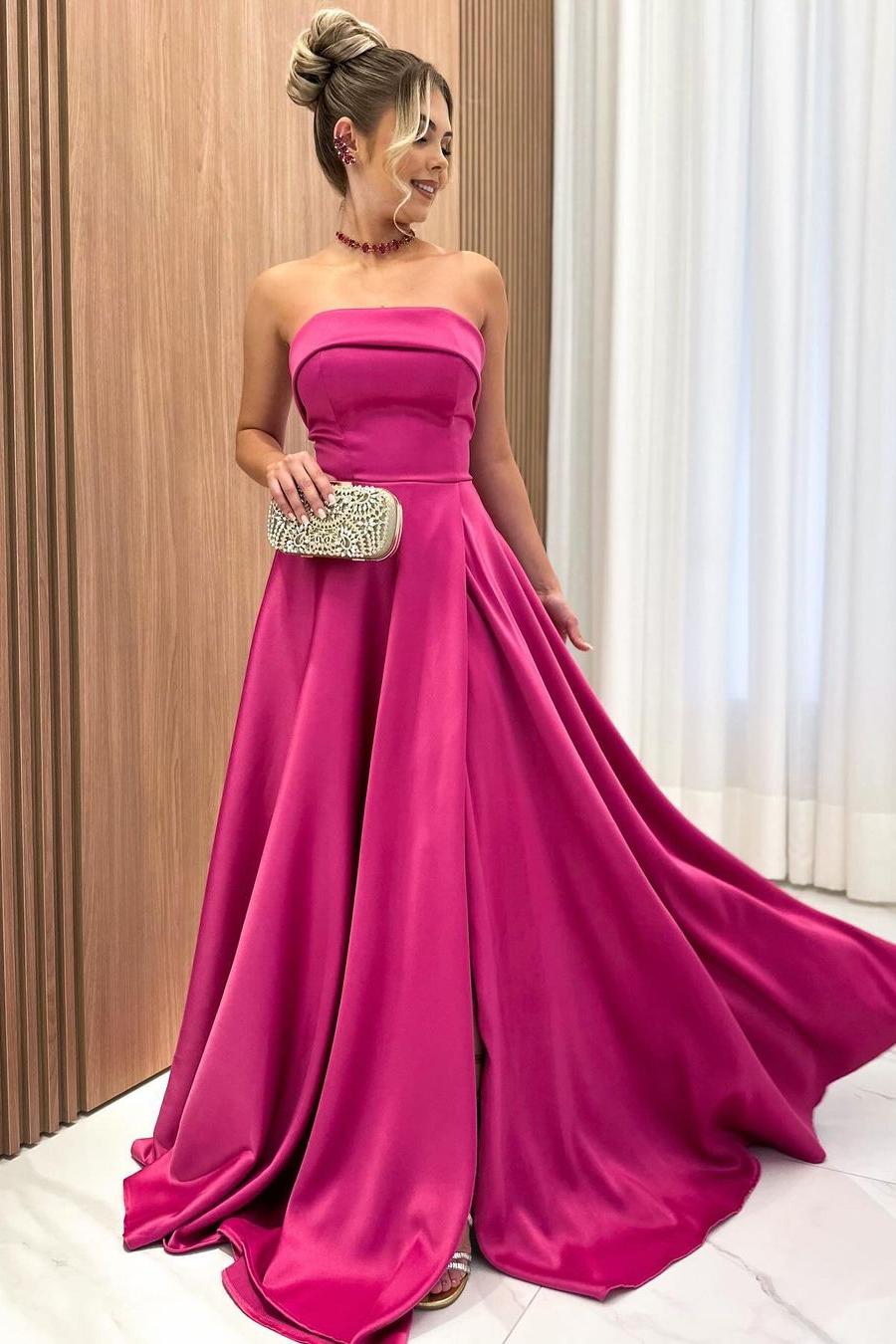 Chic Strapless Sleeveless A Line Long Formal Dress With Front Split