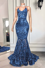 Mermaid Spaghetti Strap Sleeveless Royal Blue Long Formal Dress With Sequins