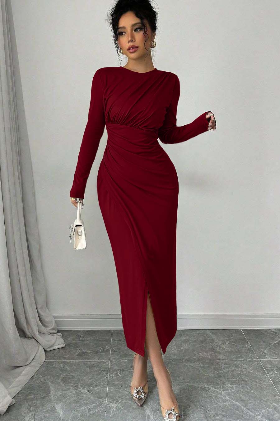 Long Sleeves Jewel Neck Tea Length Formal Dress With Split Pleated