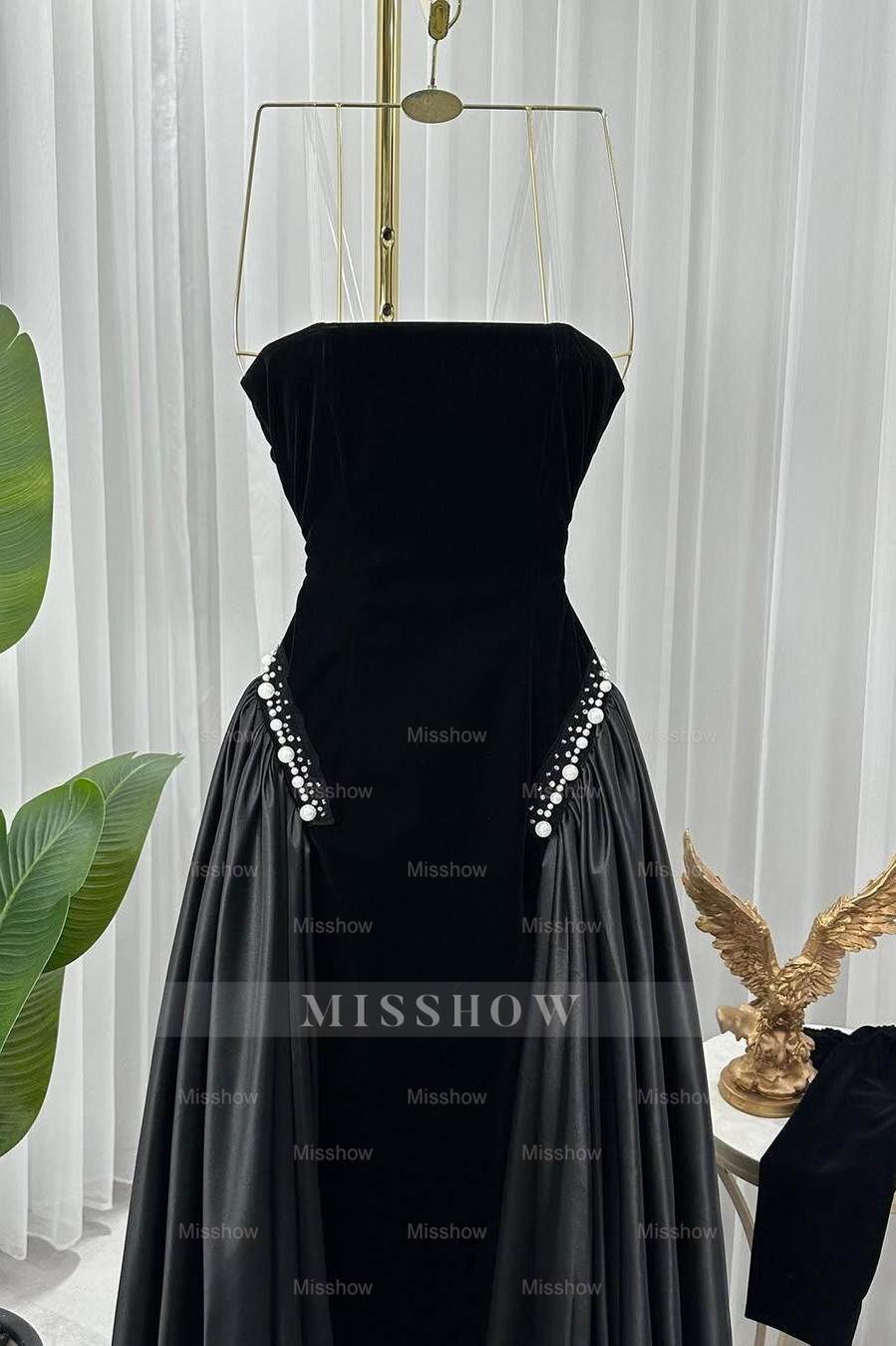 Black Strapless Sleeveless Long Formal Dress With Pleated Beading