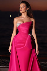 Fuchsia Sleeveless Strapless Long Formal Dress With Pleated Beading