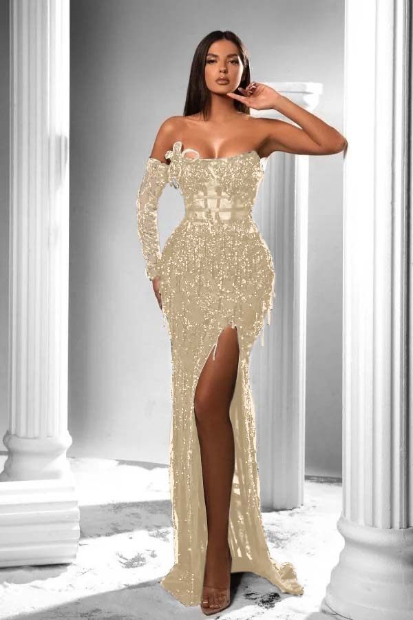 Strapless Long Sleeve High Split Long Formal Dress With Appliques