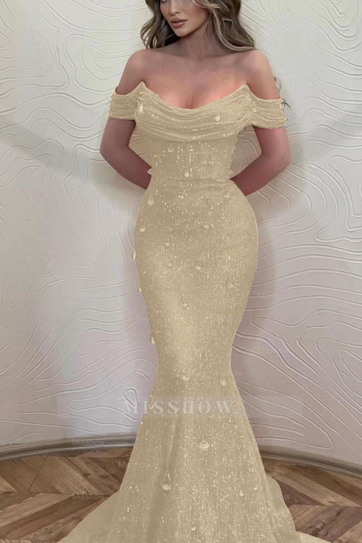 Orange Off the Shoulder Strapless Sleeveless Formal Dress With Sequins Mermaid