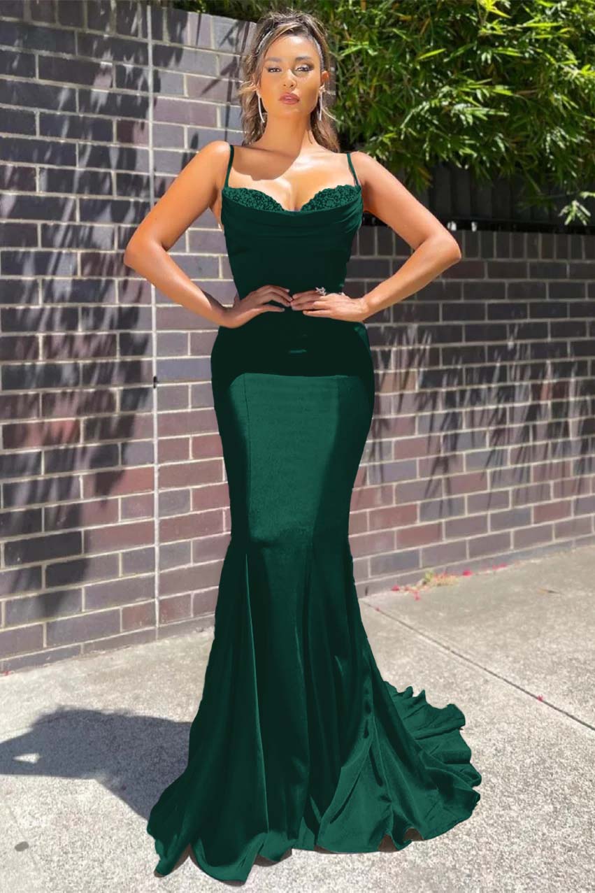 Long Spaghetti Strap Sleeveless Mermaid Ruffles Formal Dress With Beadings