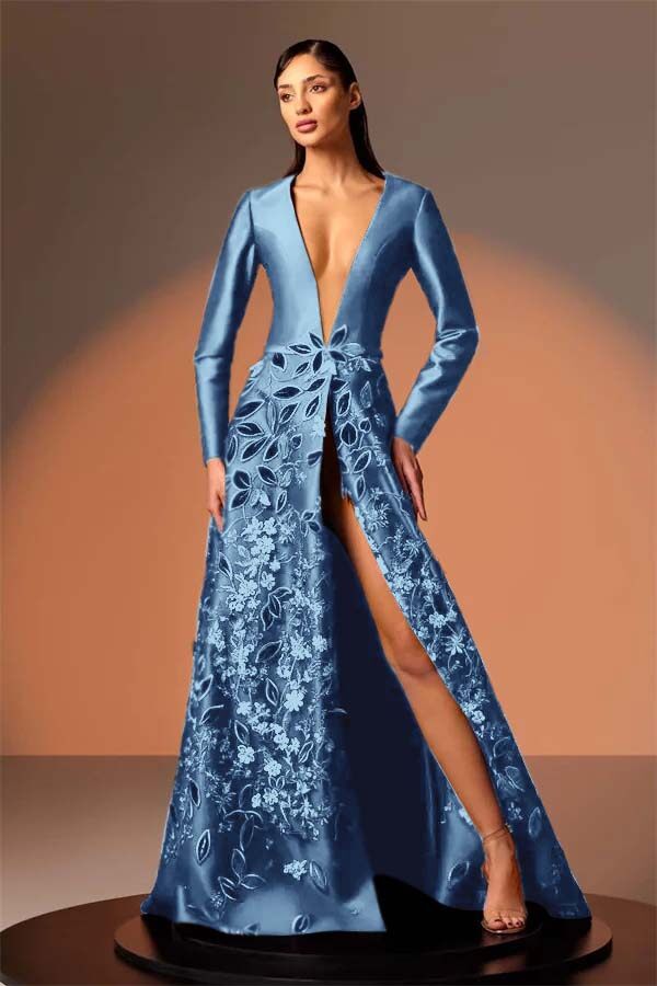 Long Sleeves Deep V Neck High Split Long Formal Dress With Appliques