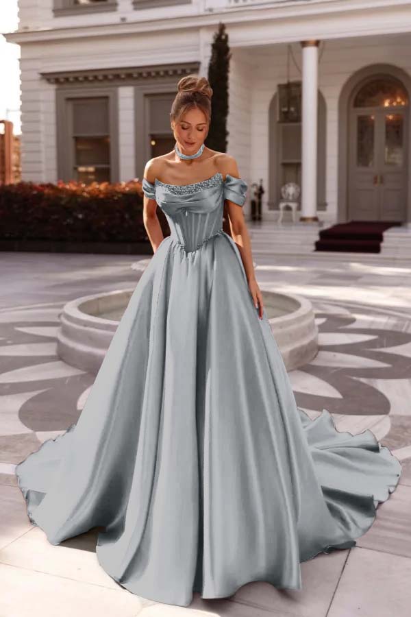 Off the Shoulder Sleeveless Long Formal Dress With Pleated Beading