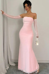 Strapless Long Mermaid Formal Dress With Detachable Sleeves Pleated