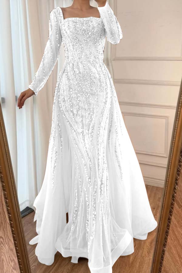 Square Neck Long Sleeves Long Mermaid Formal Dress With Beading Tulle
