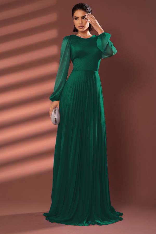 Chiffon Jewel Neck Long Sleeves Long Formal Dress With Pleated