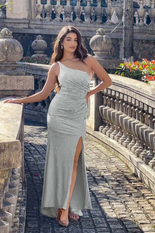 One Shoulder Sleeveless Long Mermaid Formal Dress With Split Beading