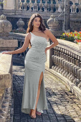 One Shoulder Sleeveless Long Mermaid Formal Dress With Split Beading