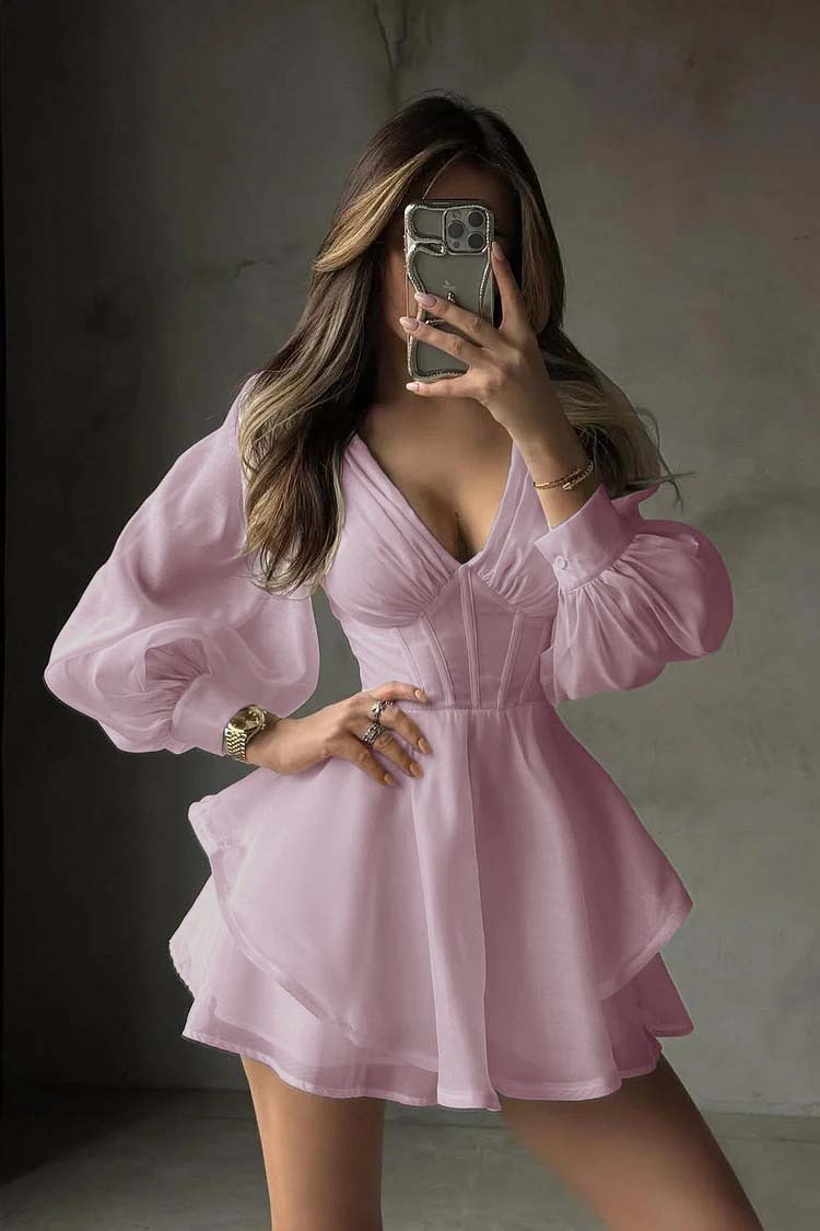 White Long Sleeves V Neck Short Formal Dress With Ruffles Pleated