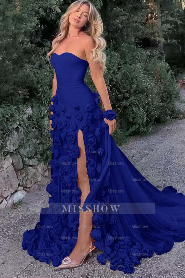 Strapless Sleeveless Long Mermaid Formal Dress With Split Appliques