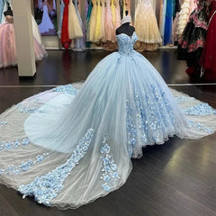 Misshow Sky Blue Off-Shoulder Ball Gown with 3D Floral Appliques & Sweep Train Perfect for Quinceanera & Sweet 16