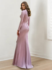 Sheath Column V Neck Long Sleeves Floor Length Mother Of The Bride Dresses With Crepe Beading