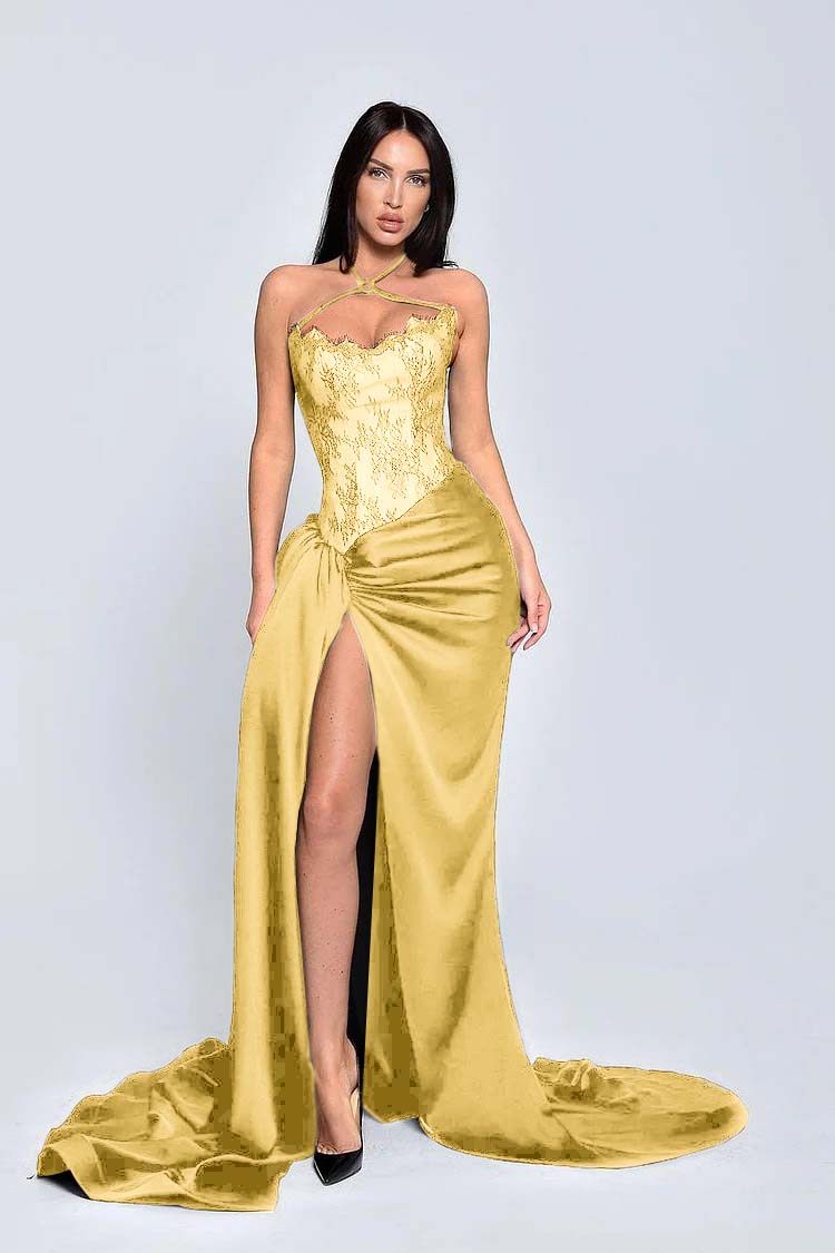 Black Halter Sleeveless Appliques Long Formal Dress With High Split