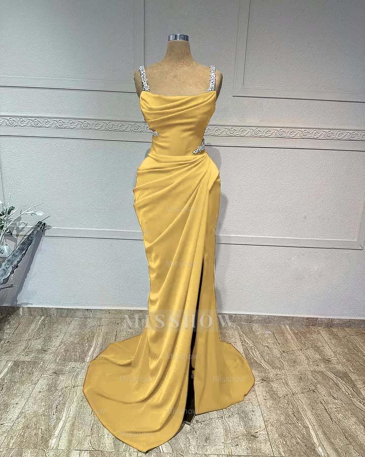 Straps Sleeveless Long Mermaid Formal Dress With Pleated Sequins